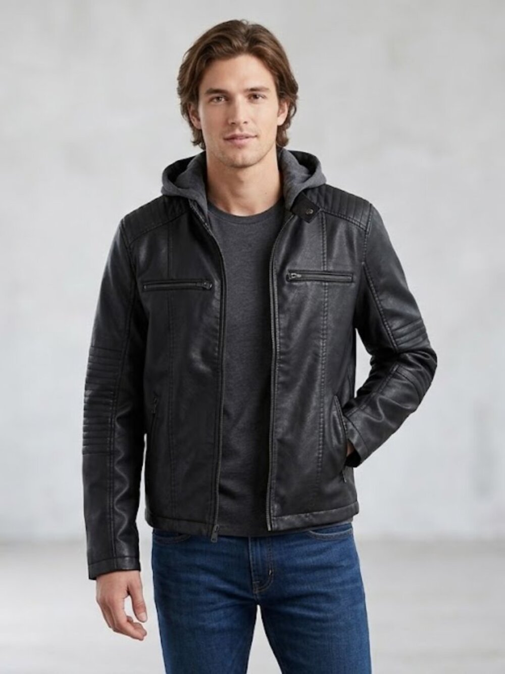 Levi's NWT black Faux leather Hooded full zip Casual Moto Biker jacket, sz M